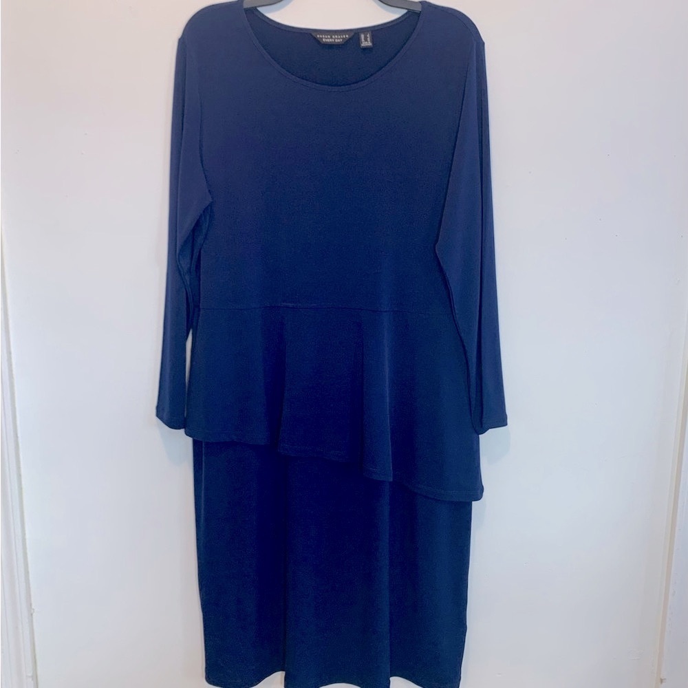 Susan Graver Liquid Knit Asymmetrical Peplum Blue Dress Large